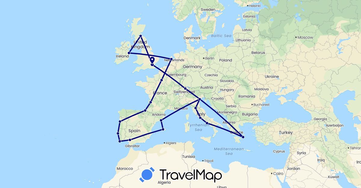 TravelMap itinerary: driving in Switzerland, Spain, France, United Kingdom, Greece, Ireland, Italy, Netherlands, Portugal (Europe)